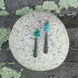 NWT Natural Turquoise Stone Hammered Patina Brass Dangle Earrings